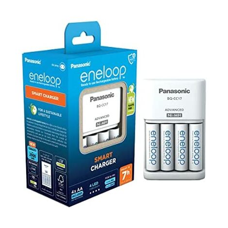 eneloop Smart Cargador, para 1-4 Pilas Recargables AA/AAA, 7h de Tiempo de Carga, 7 Funciones de Seguridad, 4 Pilas eneloop AA (2000 mAh) Incluidas