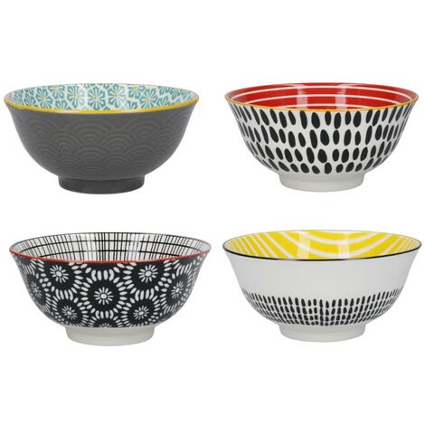 KitchenCraft Juego de 4 Cuencos de Cereales de Cerámica en Caja de Regalo, Boles para Helado, Sopa y Otros, Diseño “Monocromo” 15 cm