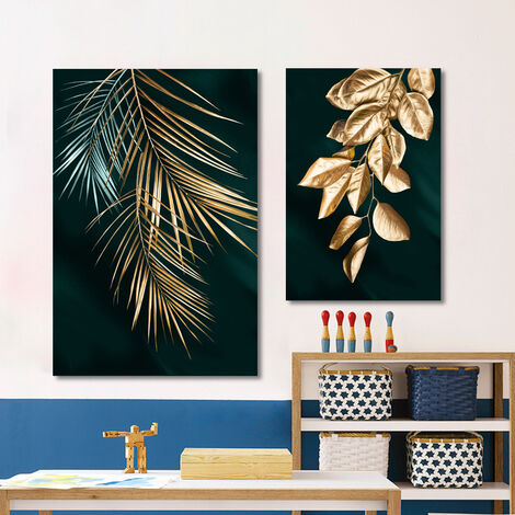 Lot de 3 affiches murales design forêt feuille d'or palmier sans