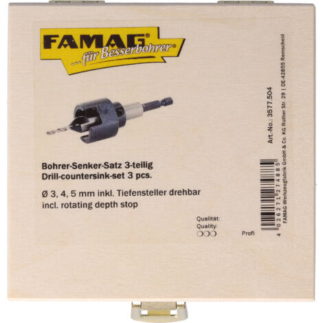 Famag Bohrer Senker Satz mit drehbarem Tiefenanschlag 3tlg Holzkasten 3577.504