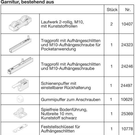 Hawa Garnitur Junior 80 B Pocket, mit Aufhängeschraube M10, für 1 Türe
