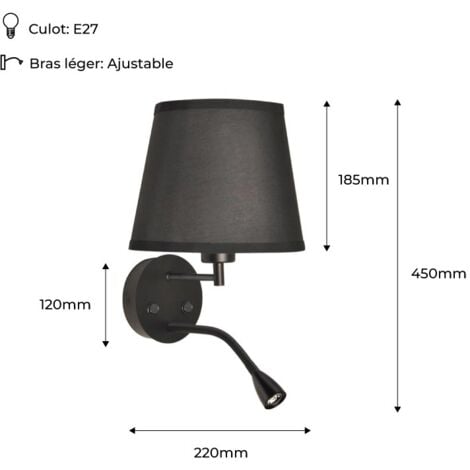 Applique murale "PAIR" E27 avec liseuse LED 3W - Noir