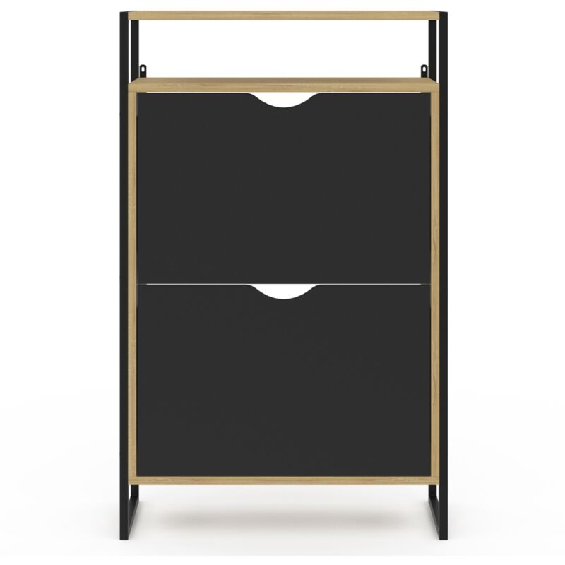 Armario Zapatero LUIS 12 Pares – 2 Puertas, 1 Cajón, Diseño Industrial, Madera Y Negro, 73,2x35x75 Cm