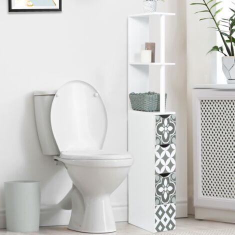 Mueble WC WILLY de 3 puertas con baldosas de cemento blanco y gris y estantes de madera