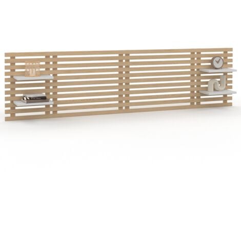 Cabecero de listones de madera clara AVA 240 CM con estantes blancos