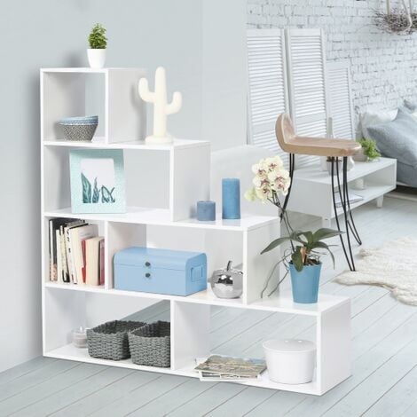 Estantería librería en forma de escalera madera blanca, 6 cubos LINA