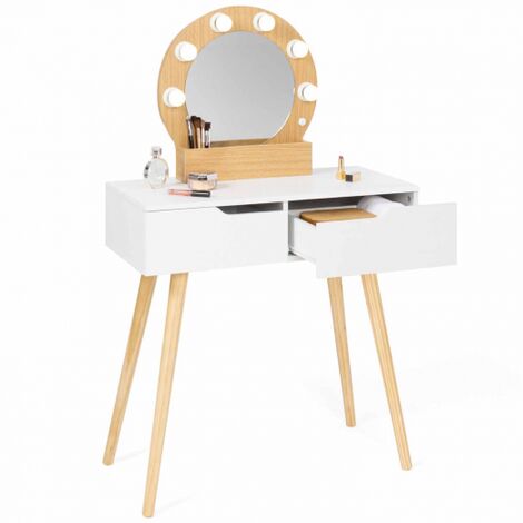 HORIA Tocador escandinavo de 2 cajones en madera y blanco con espejo LED