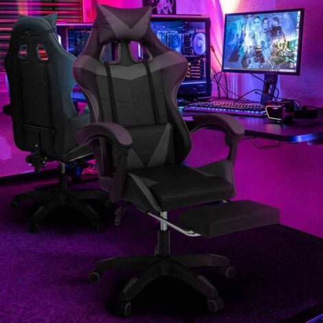 Silla de juego ALEX ajustable con reposapiés, reposacabezas y cojín lumbar en negro y gris
