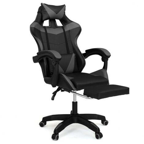 Silla de juego ALEX ajustable con reposapiés, reposacabezas y cojín lumbar en negro y gris