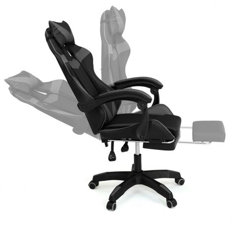 Silla de juego ALEX ajustable con reposapiés, reposacabezas y cojín lumbar en negro y gris