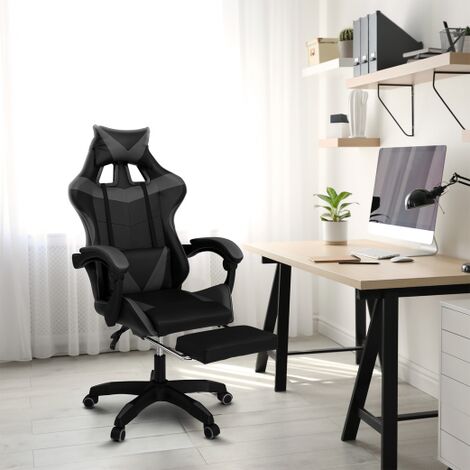 Silla de juego ALEX ajustable con reposapiés, reposacabezas y cojín lumbar en negro y gris