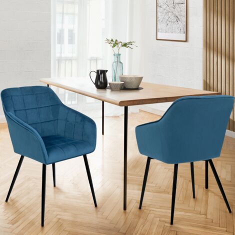 Lote de 2 sillas de comedor MADY de terciopelo azul pato con reposabrazos