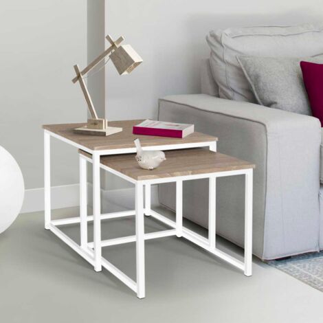 Lote de 2 mesas de centro nido DETROIT 40/45 de madera y metal blanco de diseño industrial