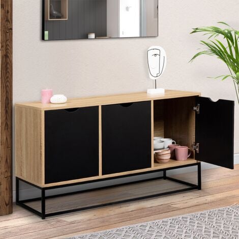 BOSTON Aparador de 3 puertas, negro, diseño industrial 113 cm
