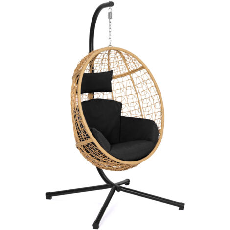 Sillón colgante calado efecto ratán con forma de huevo y cojín gris