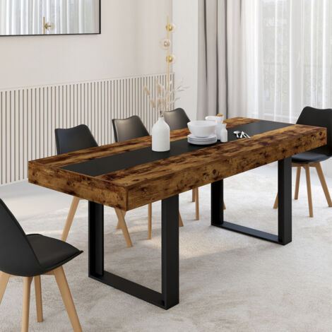 Mesa de comedor extensible PHOENIX 4-8 personas Madera envejecida y negra Banda central negra 160-200 cm