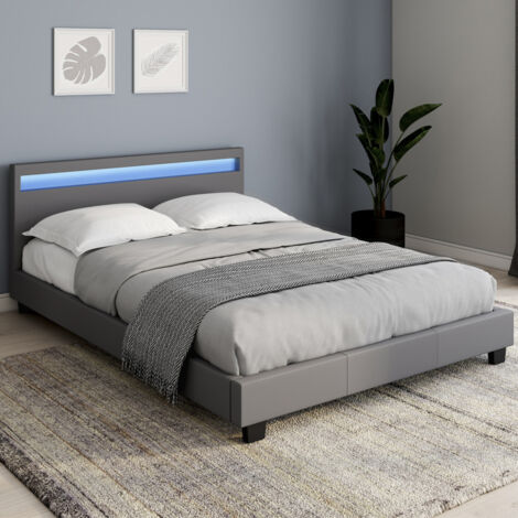 Cama doble NEO 140 x 190 CM PVC gris con somier y LED integrados (1/5)