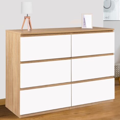 Arcón TOMI 110 cm 6 cajones en haya efecto madera y blanco