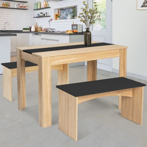 Conjunto de mesa de comedor y 2 bancos ROZY para 4 personas haya y negro 110 cm