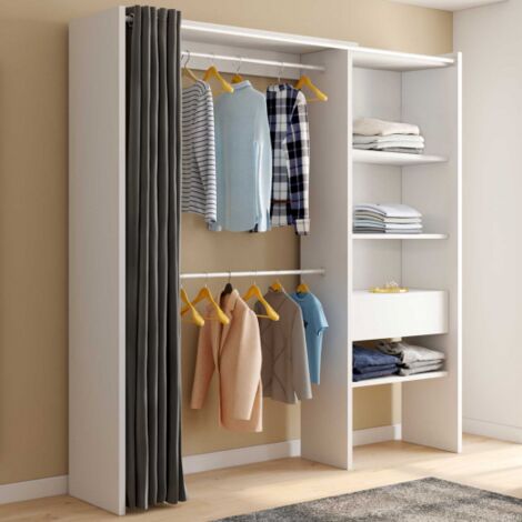 MARTY 120/170 x 50 x 180 cm blanco y gris armario extensible con cortina + doble espacio para colgar + estantes