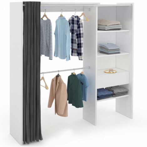 MARTY 120/170 x 50 x 180 cm blanco y gris armario extensible con cortina + doble espacio para colgar + estantes