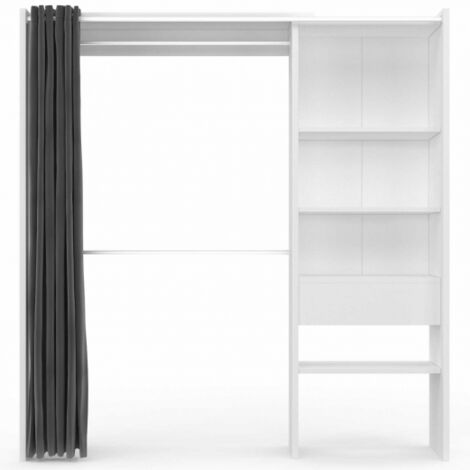 MARTY 120/170 x 50 x 180 cm blanco y gris armario extensible con cortina + doble espacio para colgar + estantes