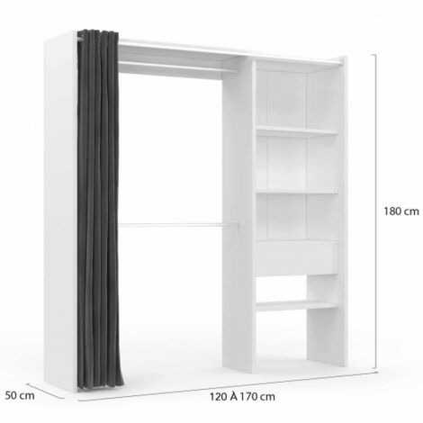 MARTY 120/170 x 50 x 180 cm blanco y gris armario extensible con cortina + doble espacio para colgar + estantes