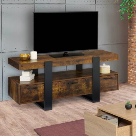 Mueble TV PHOENIX con madera envejecida y cajones negros 116 cm
