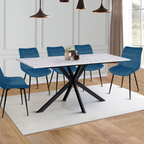 ALASKA mesa de comedor para 8 con efecto mármol blanco y pata de araña de metal 160 cm