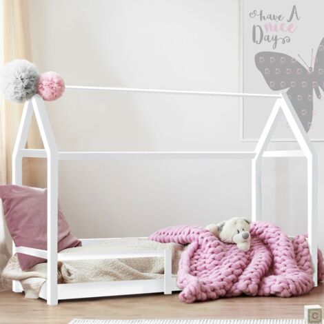 Cama cabaña infantil NESSI 90 x 190 cm blanca con somier de láminas y barandillas