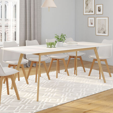 Mesa de comedor extensible INGA 160-200 cm y 6 sillas SARA blancas, diseño escandinavo