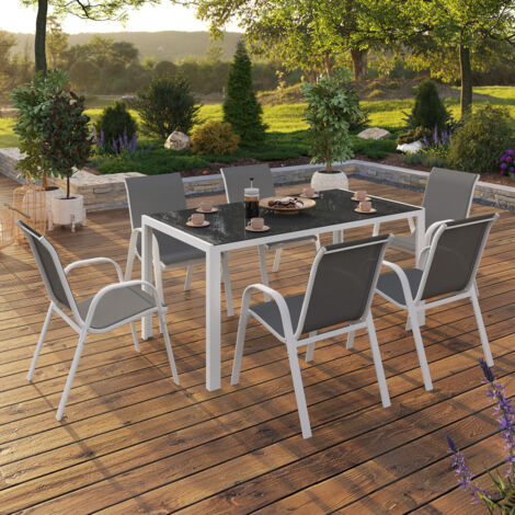 Conjunto de muebles de jardín MADRID mesa 150 CM y 6 sillas apilables blanco y gris