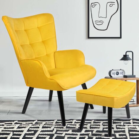 Sillón escandinavo ANIA con reposapiés de terciopelo amarillo