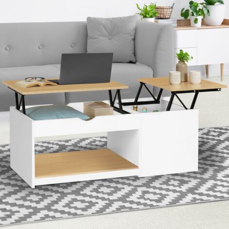 Mesa de centro EYLA con 2 tableros abatibles y estuche de madera efecto haya y blanco