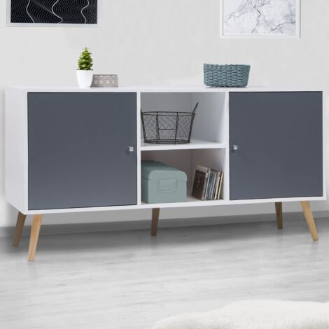 EFFIE Aparador bajo escandinavo de 2 puertas en madera blanca y gris 140 cm