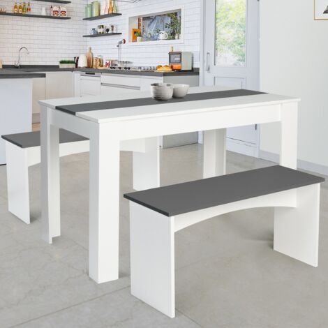 Conjunto de mesa de comedor y 2 bancos ROZY 4 personas blanco y gris 110 cm