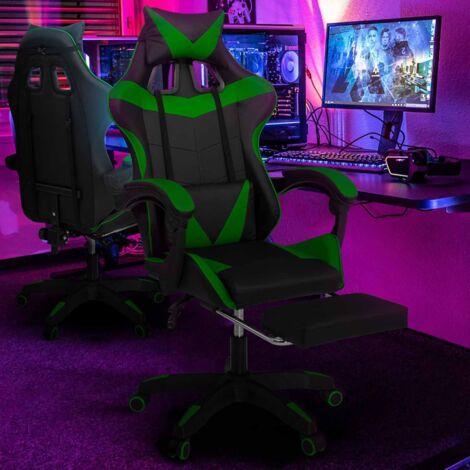 Silla de juego ALEX ajustable con reposapiés, reposacabezas y cojín lumbar en negro y verde
