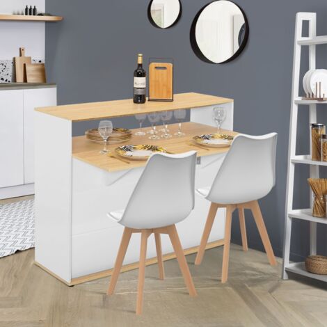 Mueble bar VITO blanco extensible como mesa de comedor de 2 plazas con tablero de madera