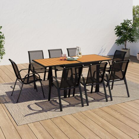 Conjunto de muebles de jardín POLY mesa extensible 90-180 CM y 8 sillas de madera y negro