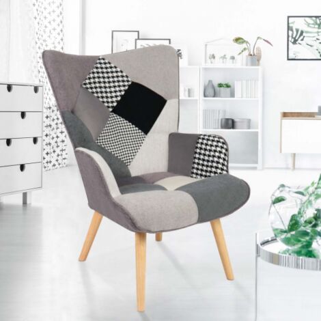 Sillón escandinavo IVAR de tela patchwork negra, gris y blanca