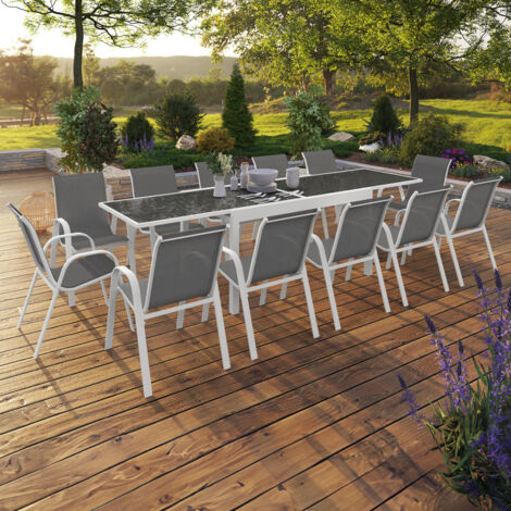Conjunto de muebles de jardín MADRID mesa extensible 135-270 cm y 12 sillas apilables blanco y gris