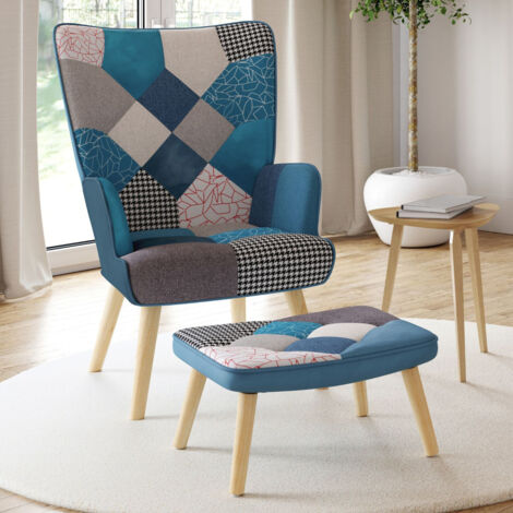IVAR Sillón escandinavo con reposapiés de tela patchwork y terciopelo azul