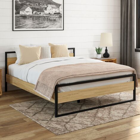 Cama doble DETROIT con somier de 140x190cm efecto madera y metal negro