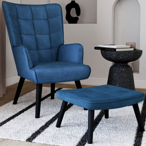 Sillón escandinavo ANIA con reposapiés de terciopelo azul