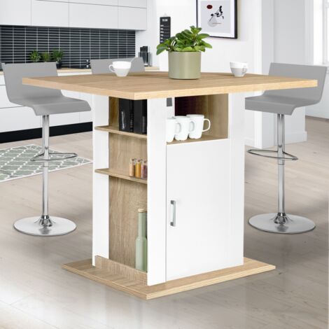 Isla central UGO 110 cm en madera blanca y imitación haya con armarios