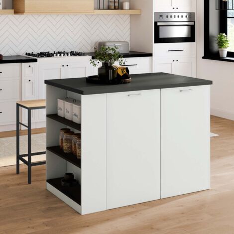 Isla central TIBO 120 cm en madera blanca con encimera gris antracita