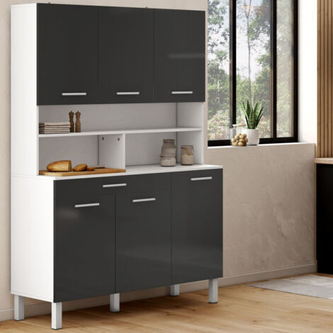 Cómoda de cocina CINA de 120 cm con 6 puertas y cajón gris y blanco