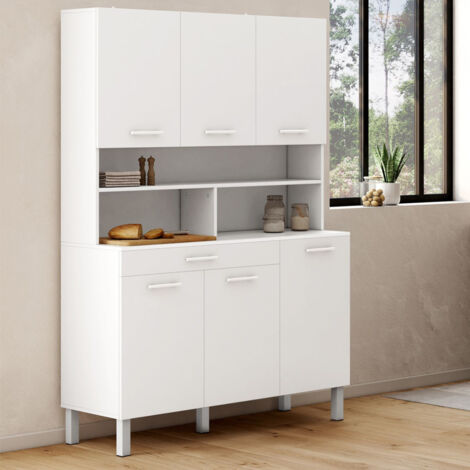 120 CM CINA aparador de cocina con 6 puertas + cajón, blanco y blanco alto brillo