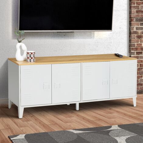ESTER Cómoda baja de 4 puertas de metal blanco con tapa de madera de diseño industrial 140cm