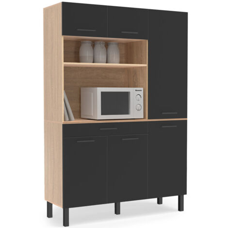 Aparador de cocina CINA con columna de 120 cm, 6 puertas + cajón, acabado haya y negro